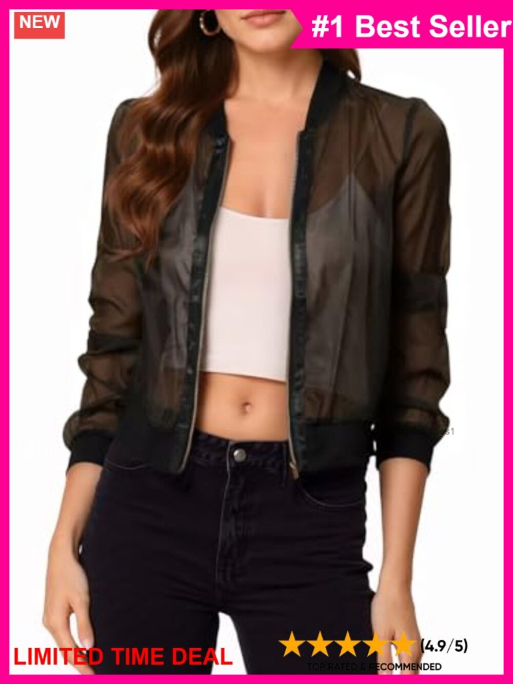 Women's Mesh Sheer Bomber Crop Lightweight Zip Up Long Sleeve Jacket